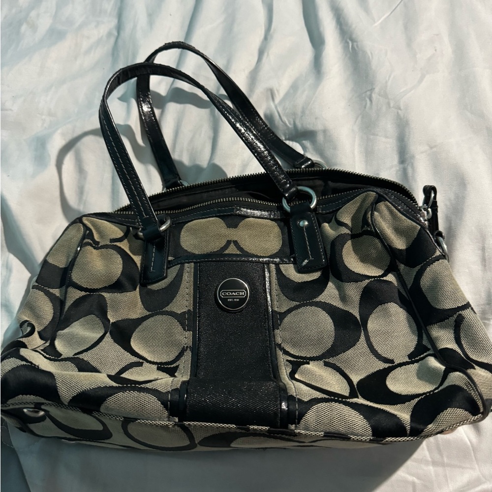 Authentic coach stripe satchel with patent leather trim